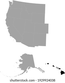 vector illustration of Black Map of US federal state of Hawaii inside the map of Western region of USA