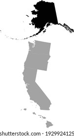 vector illustration of Black map of US federal state of Alaska inside the map of Pacific coast