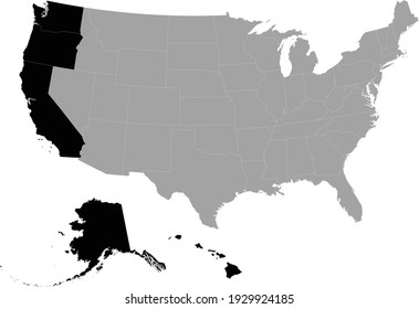 vector illustration of Black Map of US federal state of Pacific coast region inside the map of United states of America