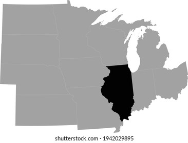 Vector Illustration Of Black Map Of US Federal State Of Illinois Inside The Map Of Midwest Region Of USA