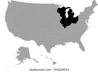 vector illustration of Black Map of US federal state of East north central region inside the map of United states of America