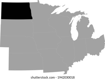 vector illustration of Black Map of US federal state of North Dakota inside the map of Midwest region of USA