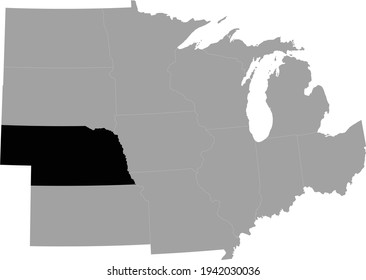 vector illustration of Black Map of US federal state of Nebraska inside the map of Midwest region of USA