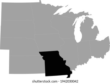 vector illustration of Black Map of US federal state of Missouri inside the map of Midwest region of USA