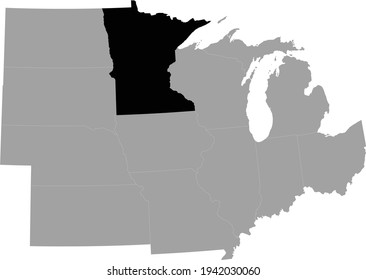 vector illustration of Black Map of US federal state of Minnesota inside the map of Midwest region of USA