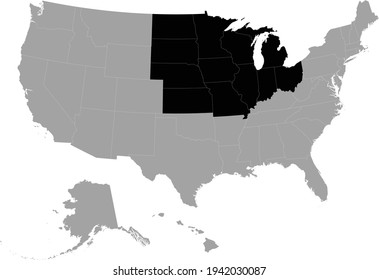 ilustración vectorial del Mapa Negro del estado federal de la región del Medio Oeste de Estados Unidos dentro del mapa de Estados Unidos de América