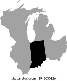 vector illustration of Black map of US federal state of Indiana inside the map of East north central region