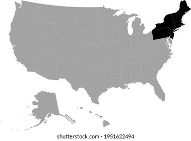 Vector Illustration Of Black Map Of US Federal State Of Northeast Region Inside The Map Of United States Of America