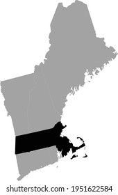 vector illustration of Black Map of US federal state of Massachusetts inside the map of New England region of USA