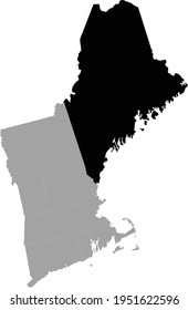 vector illustration of Black Map of US federal state of Maine inside the map of New England region of USA