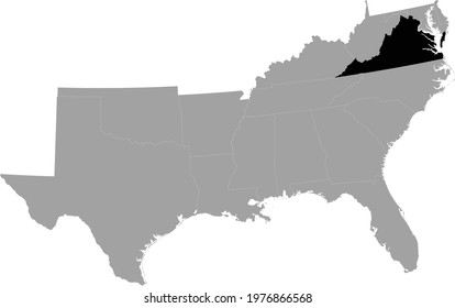 vector illustration of Black Map of US federal state of Virginia inside the map of South region of USA