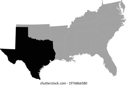 vector illustration of Black Map of US federal state of Texas inside the map of South region of USA