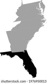 vector illustration of Black Map of US federal state of Florida inside the map of South Atlantic region of USA