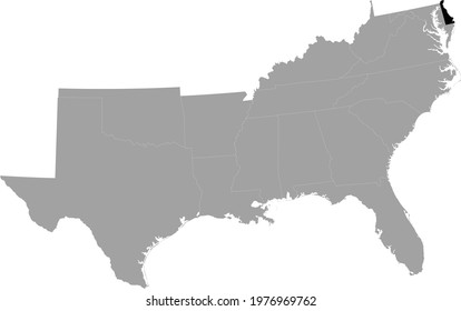 vector illustration of Black Map of US federal state of Delaware inside the map of South region of USA