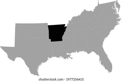 vector illustration of Black Map of US federal state of Arkansas inside the map of South region of USA