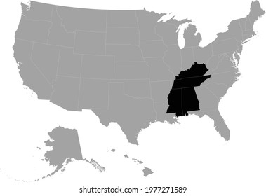 Vector Illustration Of Black Map Of US Federal States Of East South Central Region Inside The Map Of United States Of America