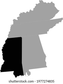vector illustration of Black Map of US federal state of Mississippi inside the map of East south central region of USA