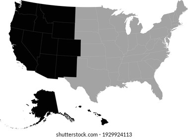 Vector Illustration Of Black Map Of Western Region Of US With Federal State Inside The Map Of United States Of America