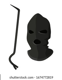 Vector Illustration Of Black Mask Thief Or Burglar With Tool Tire Iron Isolated On White Background. Design Element For Equipment For Criminal Crime, Assault, Theft, Robbery, Outlaw Persons Concept