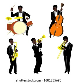 Vector Illustration of black men playing the trombone, trumpet, drums, saxophone, contrabass. Handsome jazz musicians.Set of characters in flat style, isolated on white background