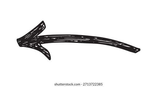 Vektorgrafik eines schwarzen, unordentlichen und leicht gekrümmten Pfeils, der nach links zeigt. Enthält eine grobe Skizze, ideal für schnelle Notizen, Webanweisungen oder Whiteboard-Designs.
