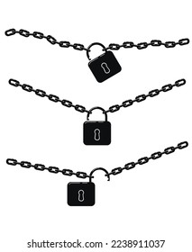vector illustration of black metal chain and padlock isolated on white background. flat design of lock and chain. set of opened padlocks