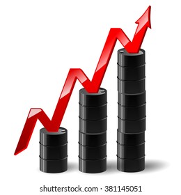 Vector illustration of black metal oil barrel with finance graph and a red arrow showing an increase