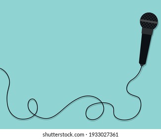 Vector illustration black microphone with cord on blue background.