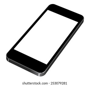 Vector illustration of black modern smartphone with blank screen lies on the surface, isolated on white background. 