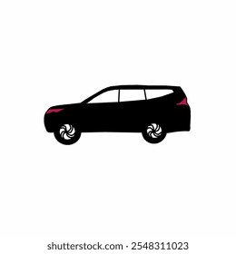 Vector illustration of a black modern SUV car in a flat cartoon style. Simple image of land vehicle transportation. Front and side view of a family car. Modern technology car.