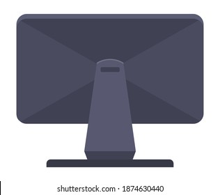 Vector Illustration Black Monitor LCD Display Back View. Monitor Without Wires Isolated On White Background. Rear View Of Computer Display Or Tv, Flat Style Of Connection Electronic Device Gadget