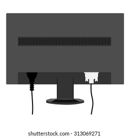 Vector illustration black monitor LCD display back view. Monitor with connected cords.