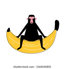 Vector illustration with black monkey sitting on big yellow banana. Cartoon stile print design with animal and fruit