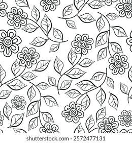 Vector illustration of black monochrome leaves and flowers seamless pattern. Floral organic background. For textiles, wallpaper and packaging. Transparent background