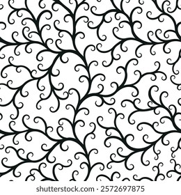 Vector illustration of black monochrome vintage curls seamless pattern. Floral organic background. For textiles, wallpaper and packaging. Transparent background