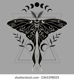 Vector illustration with black moon moth. Abstract mystic sign. For you design, tattoo or magic craft.