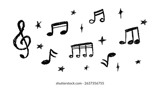 Vector illustration of black music notes and stars in charcoal scribble style. Cute childish music school pastel or wax pencil signs. Handwritten pop elements on white for kindergarten designs.