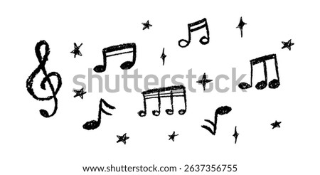 Vector illustration of black music notes and stars in charcoal scribble style. Cute childish music school pastel or wax pencil signs. Handwritten pop elements on white for kindergarten designs.