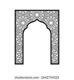 Vector illustration of black Muslim arch with arabesques. Ramadan decor. Traditional oriental architecture for interior and facade. Flat style. Isolated background. Icon.