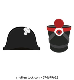 Vector illustration black Napoleon Bonaparte hat and cylindrical military cap. Infantry shako hat. General bicorne hat