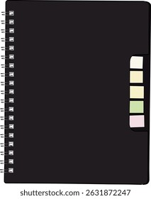 Ilustración vectorial de un cuaderno negro con marcas de colores en el interior. El diseño del cuaderno presenta una cubierta negra vibrante con reflejos multicolores, ideal para la escuela, la oficina o proyectos creativos. Editar