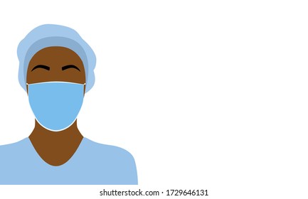 Vector illustration of a black nurse, doctor or healthcare worker wearing bouffant cap on hair and a surgical mask. Woman is wearing scrubs and isolated on a white background with copy space for text.