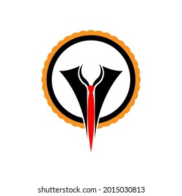 vector illustration of a black office coat and red tie around the neck, inside a jagged gold circle. great for logos and icons, executives, menswear, clothing packaging.