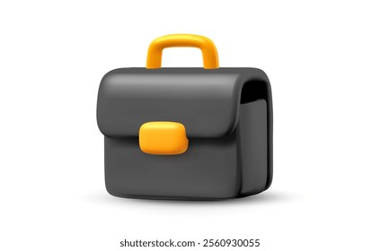 Vector illustration of black office work briefcase on white color background. 3d cartoon style design of male work bag for portfolio and document with lock. Business brief case icon for banner