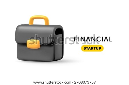 Vector illustration of black office work briefcase. 3d cartoon style template design of male work bag for portfolio and document with lock. Business brief case icon with text space for web banner