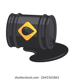 Vector Illustration of a Black Oil Barrel with Spilled Oil on White Background