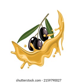 Ilustración vectorial de la aceituna negra con salpicadura de aceite, perfecta como imagen de envasado de producto, pancarta o afiche, Día Nacional del Olivo.