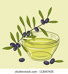 Vector illustration with black olives and cup of oil.