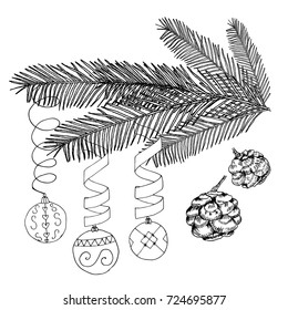 Vector illustration black on white background. Christmas decorated fir tree. Christmas balls on branch of fir tree