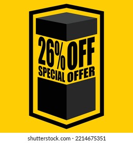 Ilustración vectorial de caja abierta negra con letras que dicen "26% de oferta especial", diseño para 26% de descuento, con fondo amarillo.